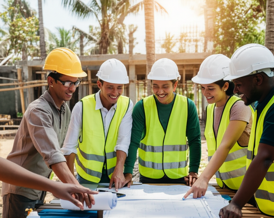 Illustration of a collaborative construction project in Bali, emphasizing trust, teamwork, and transparent communication.