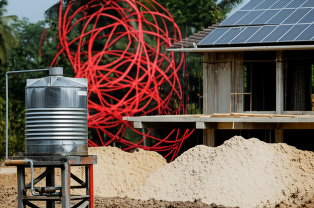 Construction site in Bali highlighting challenges of building, including land disputes, regulatory hurdles, and infrastructure limitations, with sustainable practices in the design.