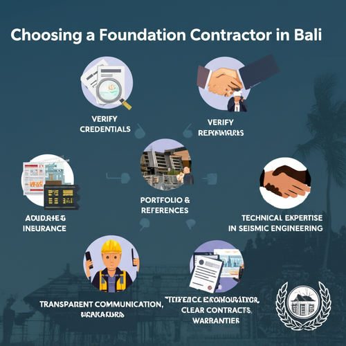 Diagram illustrating the key steps to selecting a foundation contractor in Bali: verifying credentials, reviewing portfolio and references, assessing technical expertise, ensuring transparent communication and contracts, and evaluating approach to safety and project management.