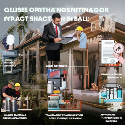 Illustration highlighting key considerations when choosing a plumbing contractor in Bali, including experience, references, licensing, communication, materials, and skills.