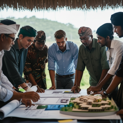 A diverse team collaborating on a construction project in Bali, illustrating the importance of communication and stakeholder management.