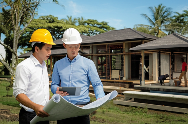 Architect, project manager, and builders collaborating on a luxurious Balinese villa construction site, showcasing traditional design, modern features, and lush tropical surroundings.