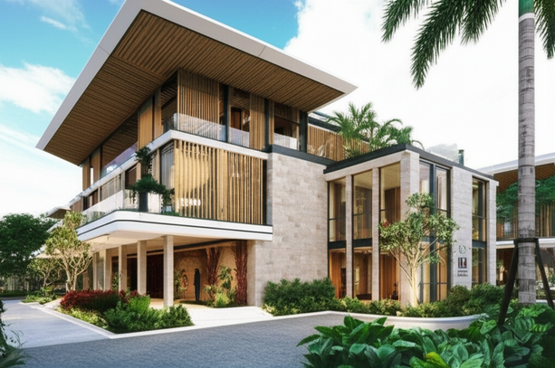 Architectural rendering of a modern commercial building in Bali, showcasing sustainable design and integration with the tropical landscape.