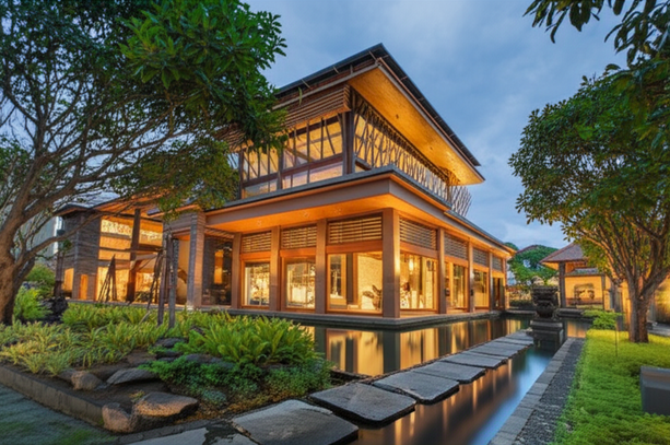 Architectural rendering of a modern commercial building in Bali, integrating sustainable design, local materials, and Balinese craftsmanship.