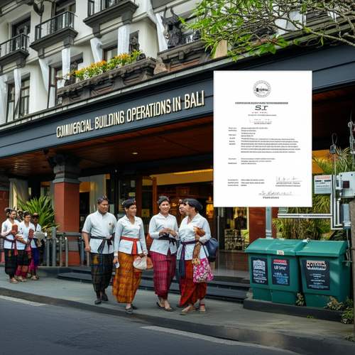 Illustration of a commercial building in Bali, showcasing legal compliance, utility connections, waste management, and employee and customer interactions.
