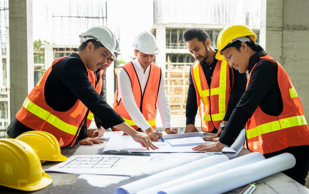 Construction professionals in Bali working on a commercial building project.
