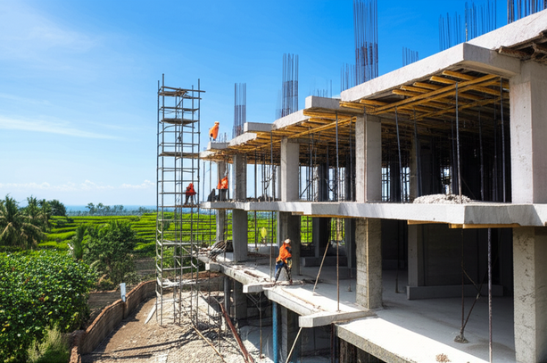 Commercial construction site in Bali, showcasing a blend of modern building techniques and traditional Balinese architecture.
