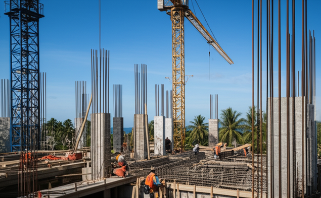 Illustration of a commercial building construction site in Bali, Indonesia, showcasing the blend of modern construction with the tropical environment.