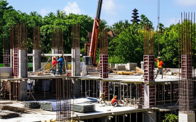 Commercial construction site in Bali, Indonesia, with workers and equipment.
