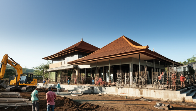 Illustration of commercial construction in Bali, showcasing various stages including site preparation, foundation, and framework.