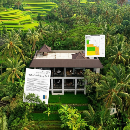 Illustration of a commercial building in Bali seamlessly integrating with the local environment and culture, highlighting the importance of permits and zoning.