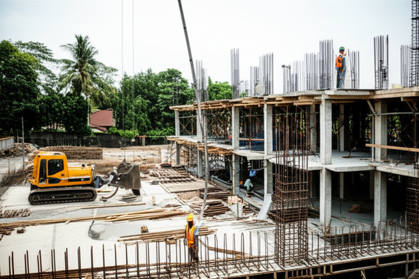 Construction site in Bali showing different phases of commercial building construction, including site preparation, foundation work, and structural erection.