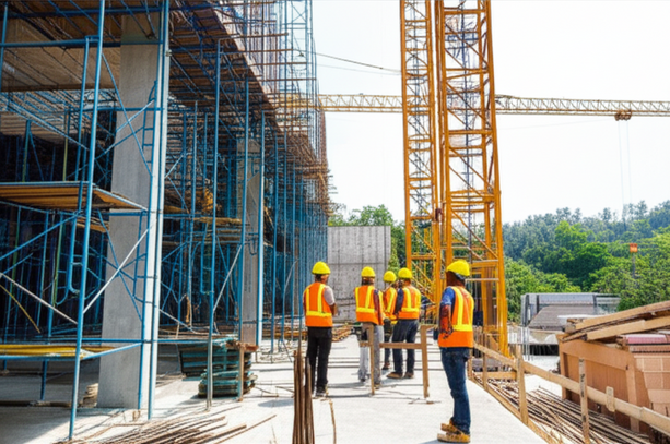 Construction of a modern commercial building in Bali, showcasing local expertise and responsible development practices.