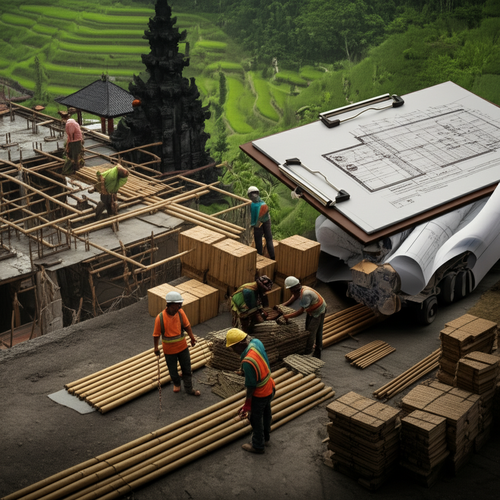 Illustration of a commercial construction project in Bali, highlighting the challenges and intricacies involved, including permitting, material sourcing, and labor management.