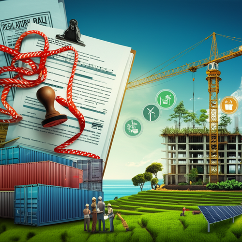 Illustration depicting the challenges and opportunities of commercial construction in Bali, including regulatory hurdles, environmental considerations, logistical issues, and potential for sustainable development.