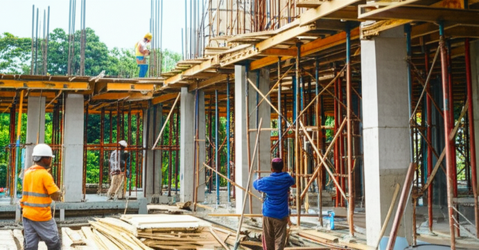 Construction site in Bali with a modern commercial building under construction, showcasing collaboration between local and international workers, and integration of Balinese architectural elements.