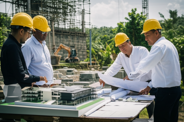 Architect and construction crew in Bali reviewing building plans, showcasing professional commercial construction expertise.