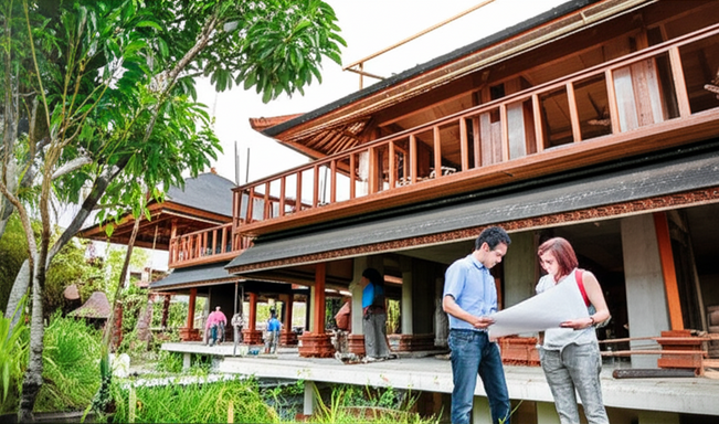 Commercial construction project in Bali, showcasing the project management and execution phase with modern building design.