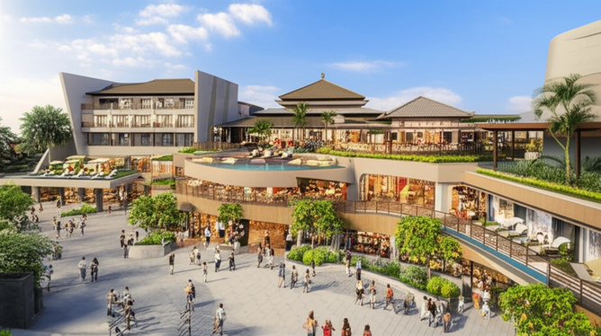 Illustration of successful commercial projects in Bali, including boutique hotels, luxury villas, integrated resorts, retail spaces, and wellness centers. The image shows the diverse architecture and vibrant atmosphere of Bali's commercial landscape.