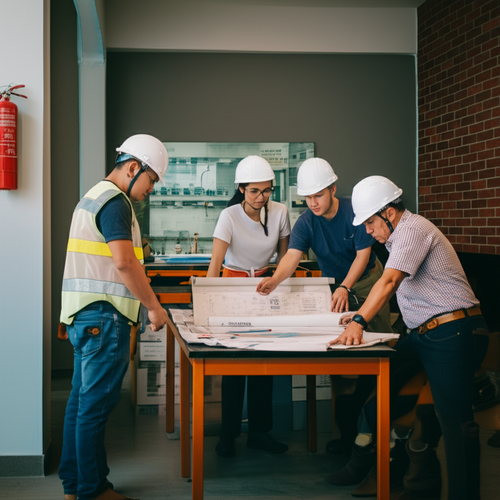 Construction workers assessing a commercial space in Bali for renovation, highlighting elements of improved customer flow, brand image, efficiency, and sustainability.