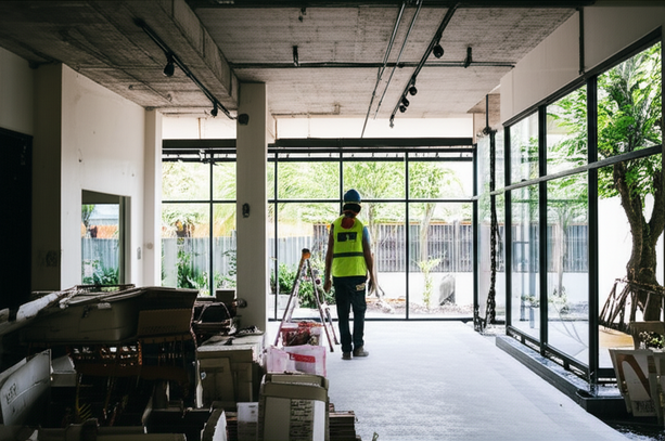 Commercial renovation in Bali, showing a construction site in a modern commercial space with construction workers present