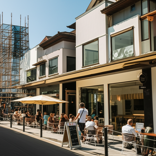 Commercial renovations in Bali showcasing a modern cafe, boutique hotel, and spa, all benefiting from strategic upgrades to attract tourists and locals.