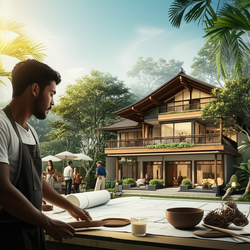 Illustration of planning a commercial project in Bali, including market analysis, target audience, sustainable building design, and cultural sensitivity.