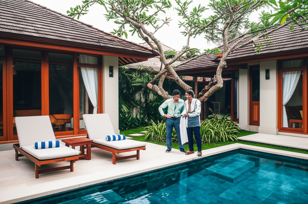A newly constructed and luxurious Balinese villa, ready for handover after construction, showcasing a swimming pool, landscaping, and elegant architecture.