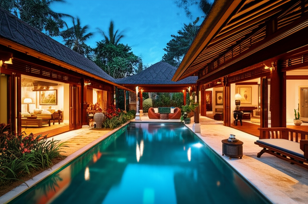 A completed Bali villa, showcasing luxurious interiors and stunning tropical landscaping, ready for enjoyment and a new lifestyle.