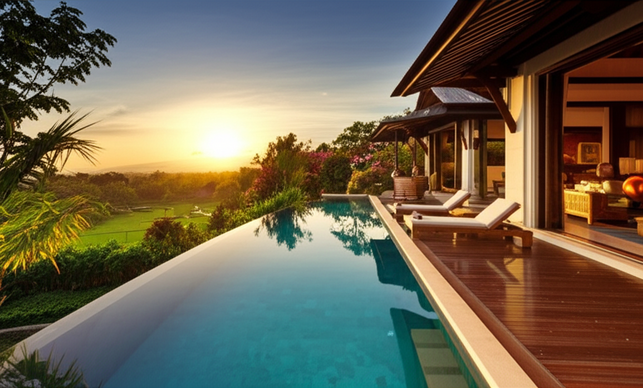 A stunning drone shot of a completed luxury Bali villa at sunset, featuring a sparkling infinity pool merging with lush tropical gardens, showcasing elegant interior design visible through large open doors, and embodying the harmonious blend of modern comfort and Balinese aesthetic.
