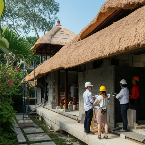 Balinese villa construction site showing architectural design, project management, and landscaping.