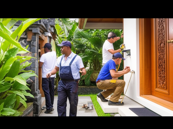 Illustration showing a team of contractors performing various home repair services on a villa in Bali, including plumbing, electrical, carpentry, painting, and masonry.