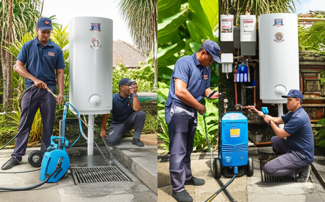 A photograph showing various plumbing services being performed in a Balinese villa, including drain cleaning, leak detection, water filtration installation, and burst pipe repair.
