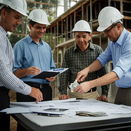 Illustration showing the benefits of construction audit services in Bali for investors, developers, and project owners, with construction workers and a building under construction.