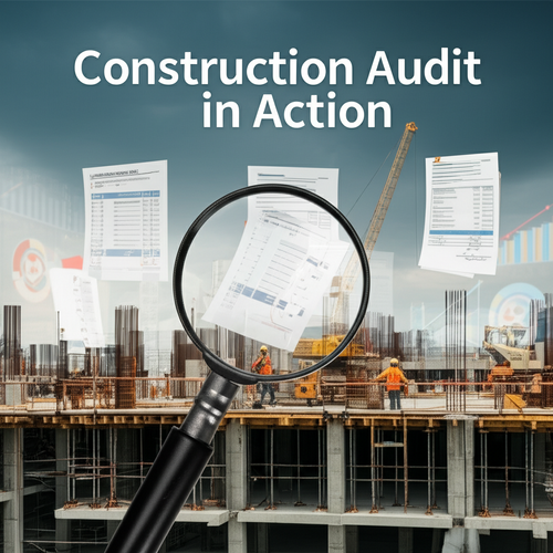 Illustration of a construction audit process, highlighting cost verification, contractual compliance, and schedule adherence.