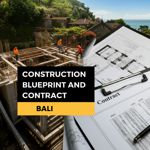 Architectural blueprint and contract document illustrating construction phases of a Balinese villa, showing a detailed scope of work and bill of quantities, emphasizing the importance of meticulous planning and financial control.