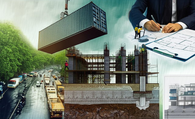Illustration of construction challenges in Bali: shipping logistics, regulations, weather, and foundation design.