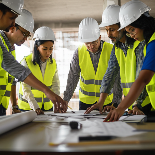 A team of construction professionals collaborating on a project, reviewing plans and discussing progress, emphasizing clear communication and teamwork.