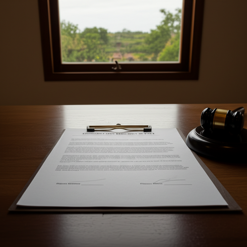 A construction contract open on a table, with key sections highlighted, symbolizing the importance of a comprehensive legal agreement for construction in Bali.