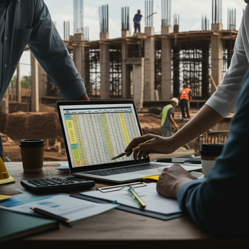 Illustration of construction cost management in Bali, showing budget planning and cost estimation with a construction site background.