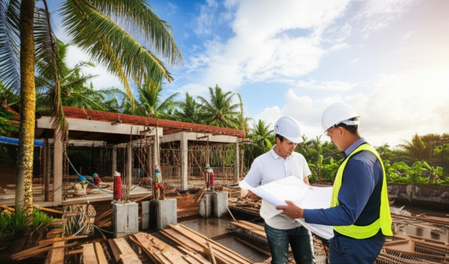 Construction site in Bali with General Contractor overseeing the building of a villa.
