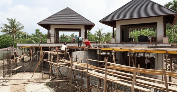 Construction site in Bali with workers building a luxurious villa, showcasing quality and project management.