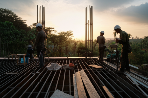 Construction site in Bali with workers collaborating on a luxurious villa.