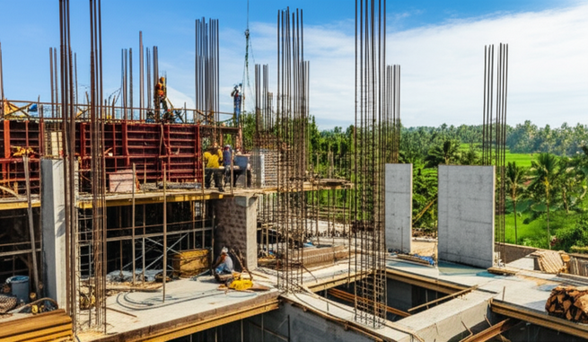 Illustration of a construction site in Bali, highlighting the challenges and complexities of building in a tropical environment with a blend of local and international elements.