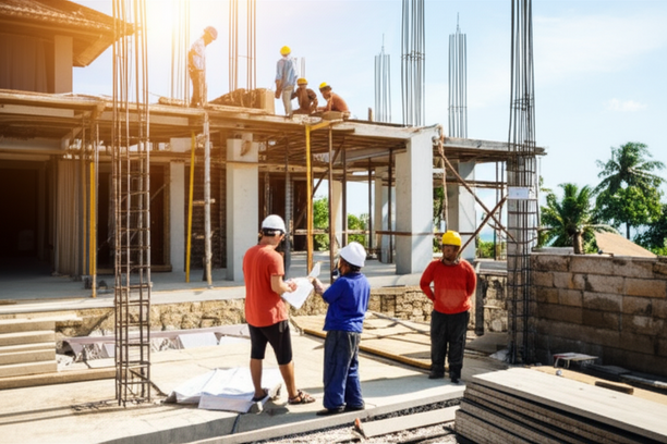 Construction of a modern villa in Bali, Indonesia, showcasing collaboration and quality craftsmanship.
