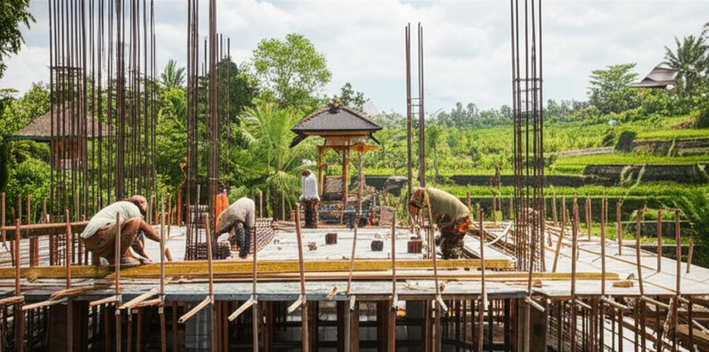 Construction site in Bali with workers and traditional Balinese architectural elements, representing a great general contractor's expertise.