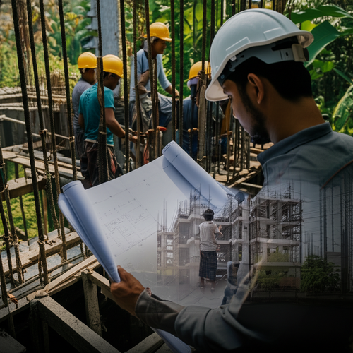 Construction progress in Bali, showing project monitoring and local craftsmen working on a building.