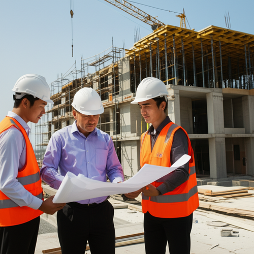 Construction project team collaborating on a blueprint, highlighting the importance of licenses, insurance, and contracts.