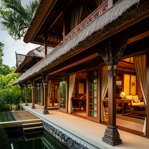 Architectural rendering of a modern Balinese villa showcasing a blend of contemporary design and traditional Balinese elements, featuring open-plan living, alang-alang roof, wooden carvings, and lush gardens.