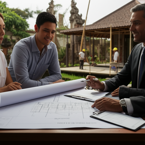 Client, contractor, and legal professional reviewing contract details for a construction project in Bali.
